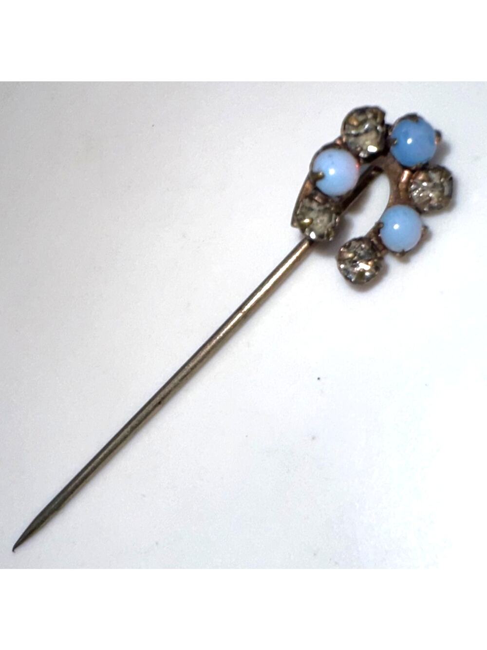 Antique Edwardian Victorian opalite glass rhinestones horseshoe stick pin brooch